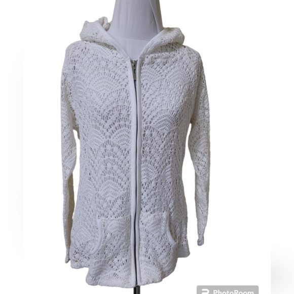 CHARLIE PAIGE WHITE CROCHET HOODIE CARDIGAN - Picture 2 of 3